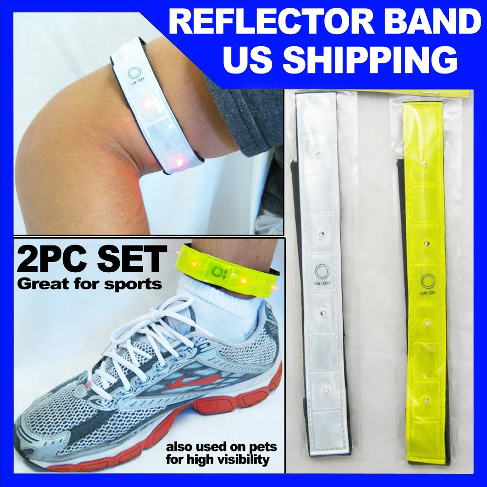 2pc High Visibility Reflective Arm Leg Bands 4 Led Lights Strap Bike Run Cycling