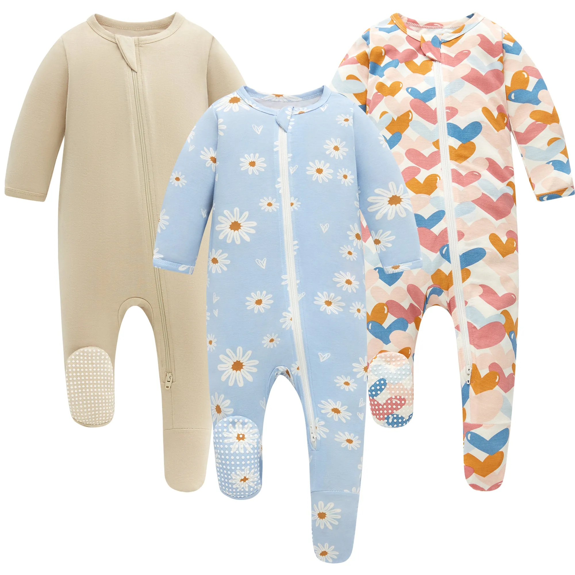 Bamboo Long Sleeve Zip Footed Pajamas 3Pack - Beige/Colorful Heart/Daisy