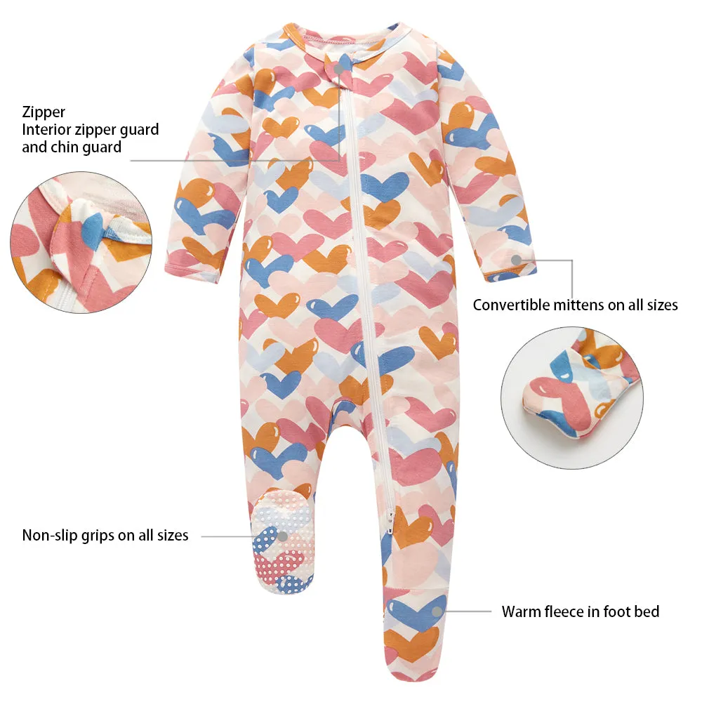 Bamboo Long Sleeve Zip Footed Pajamas 3Pack - Beige/Colorful Heart/Daisy