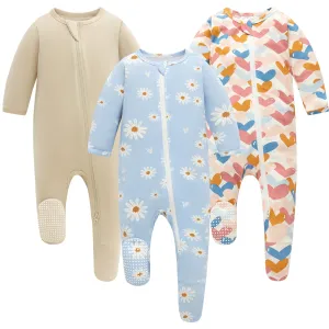 Bamboo Long Sleeve Zip Footed Pajamas 3Pack - Beige/Colorful Heart/Daisy