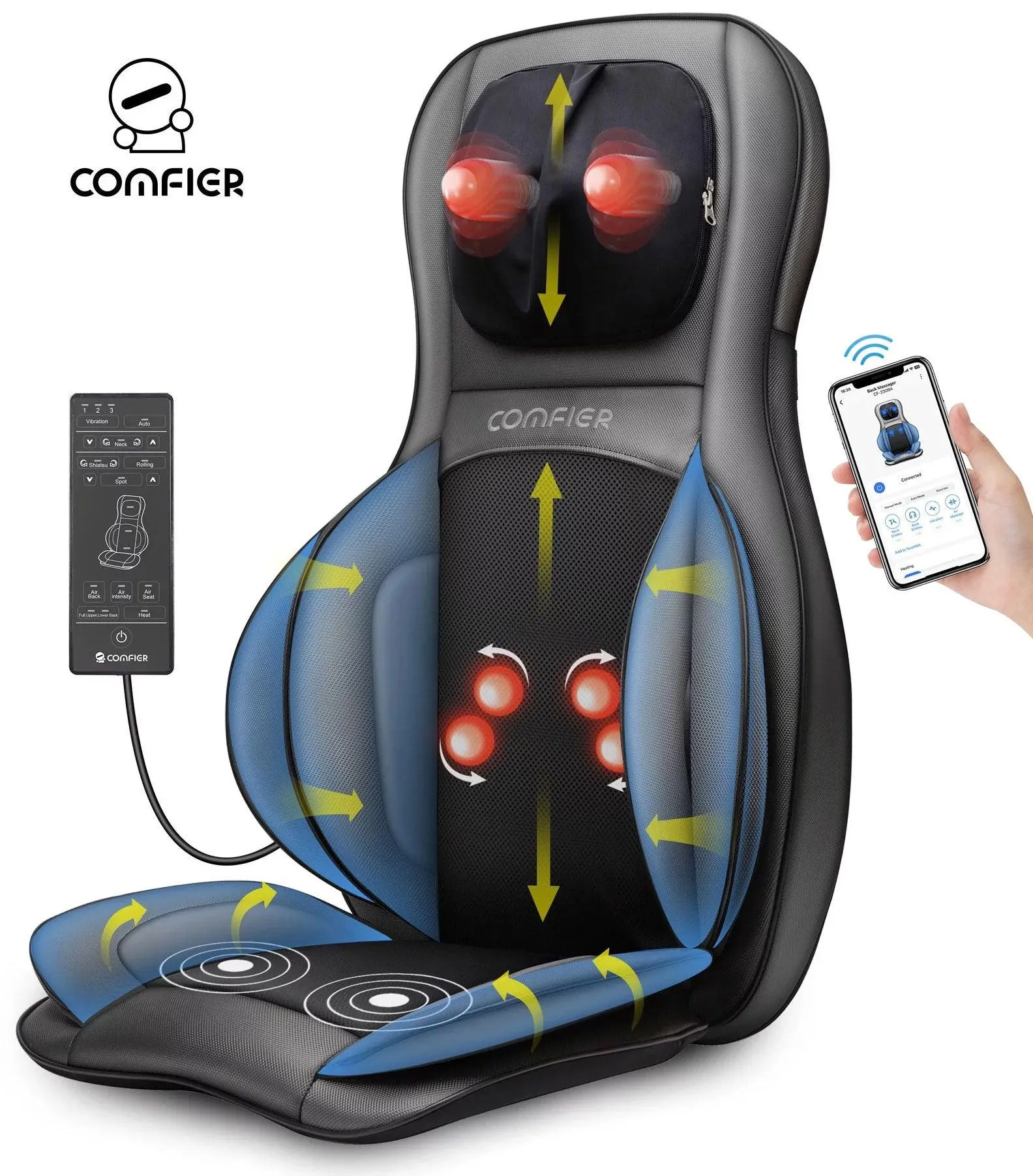 Comfier Shiatsu Neck Back Massager with APP Remote, Heating Compression Seat Cushion Massagers