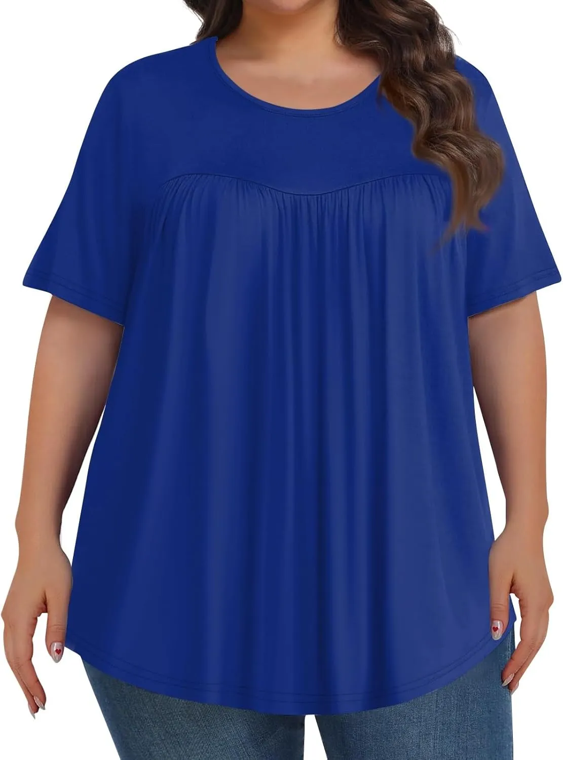 Plus Size Tops for Women Pleated Front Crewneck Short Sleeve Blouses 2024 Summer Tunic Shirts Flowy 1X-5X