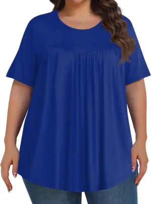 Plus Size Tops for Women Pleated Front Crewneck Short Sleeve Blouses 2024 Summer Tunic Shirts Flowy 1X-5X