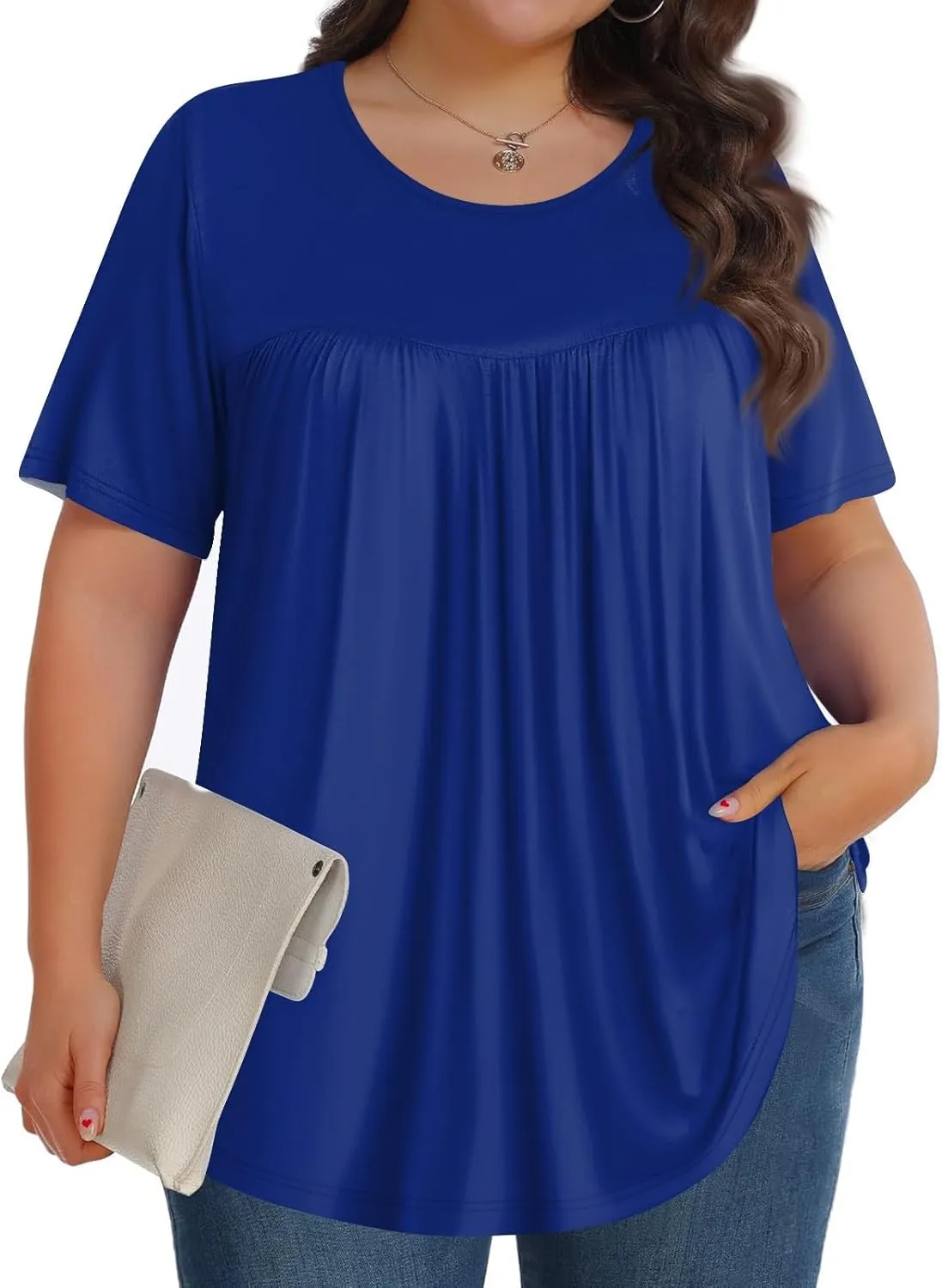 Plus Size Tops for Women Pleated Front Crewneck Short Sleeve Blouses 2024 Summer Tunic Shirts Flowy 1X-5X