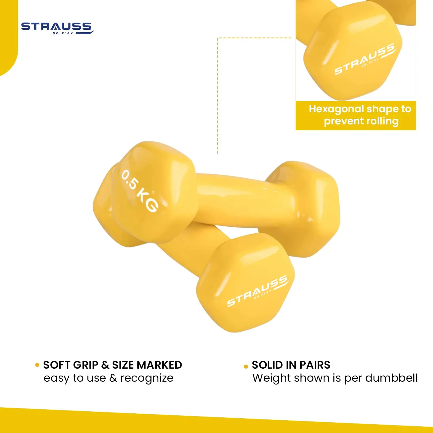 Strauss Premium Vinyl Dumbbells Weight for Men & Women | 0.5 Kg (Each) | 1 Kg (Pair) | Ideal for Home Workout, Yoga, Pilates, Gym Exercises | Non-Slip, Easy to Hold, Scratch Resistant (Yellow)
